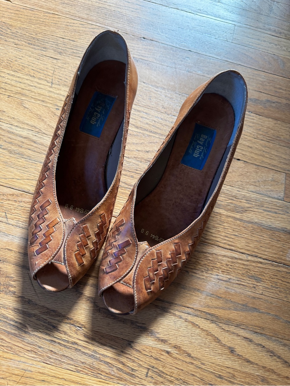 Women's Tan Peep-Toe Woven Leather Wedges, vintage